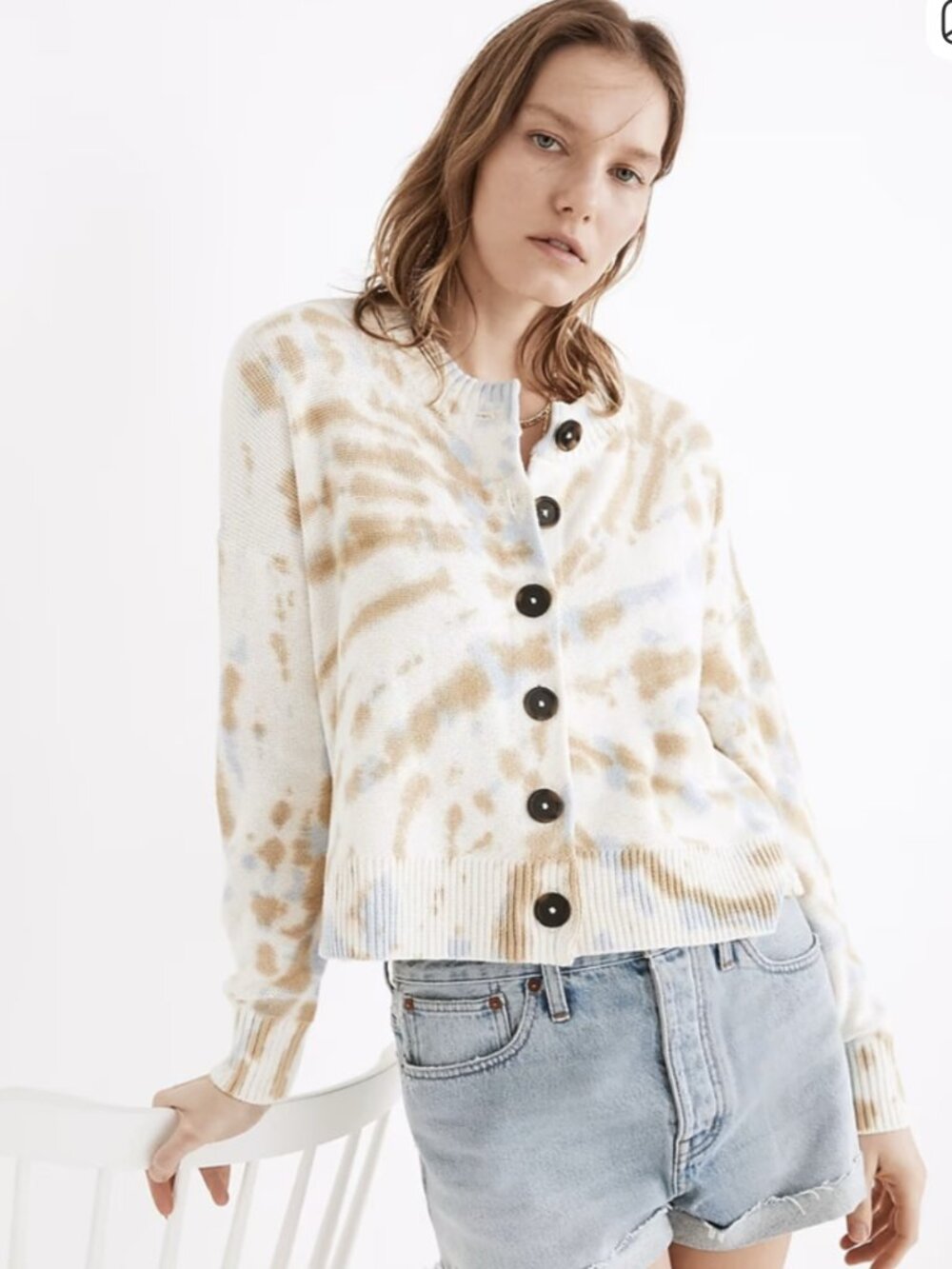 Madewell Tie Dye Broadway Cotton Cardigan Sweater in Bright Ivory Size Medium